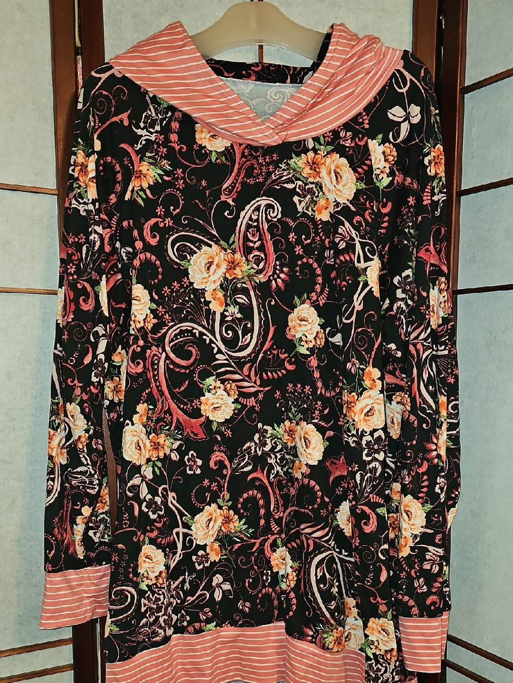 Floral Black & Coral Long Sleeve Tunic